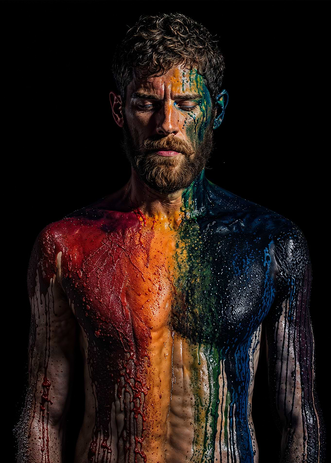 Rainbow Body Art Portrait, Bearded Gay Man