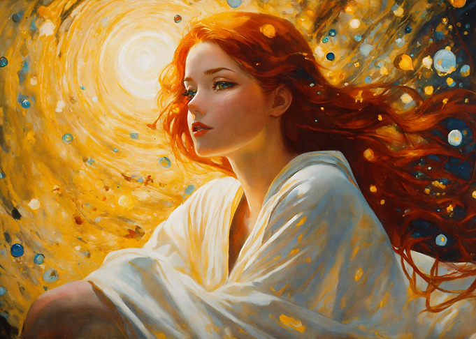 Redhead in a swirling golden background