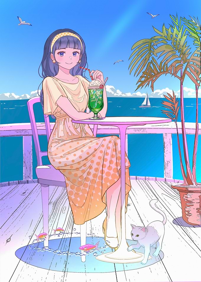 Anime Girl with Soda by the Sea