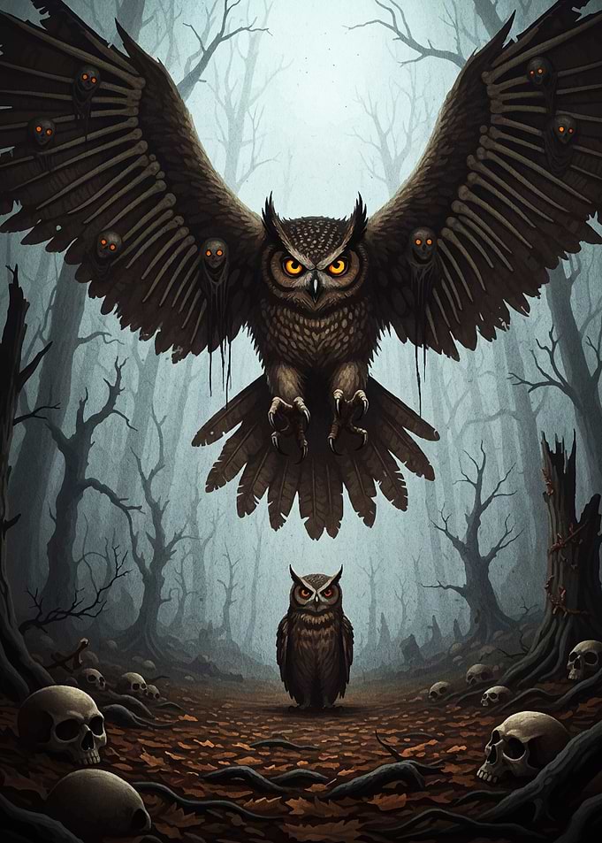 Eerie Owl Forest with Skulls