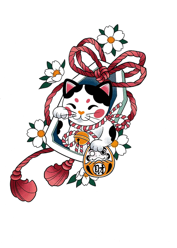 Maneki Neko with Daruma Doll Illustration