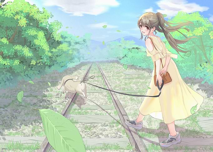 Anime Girl Walking Dog on Railroad