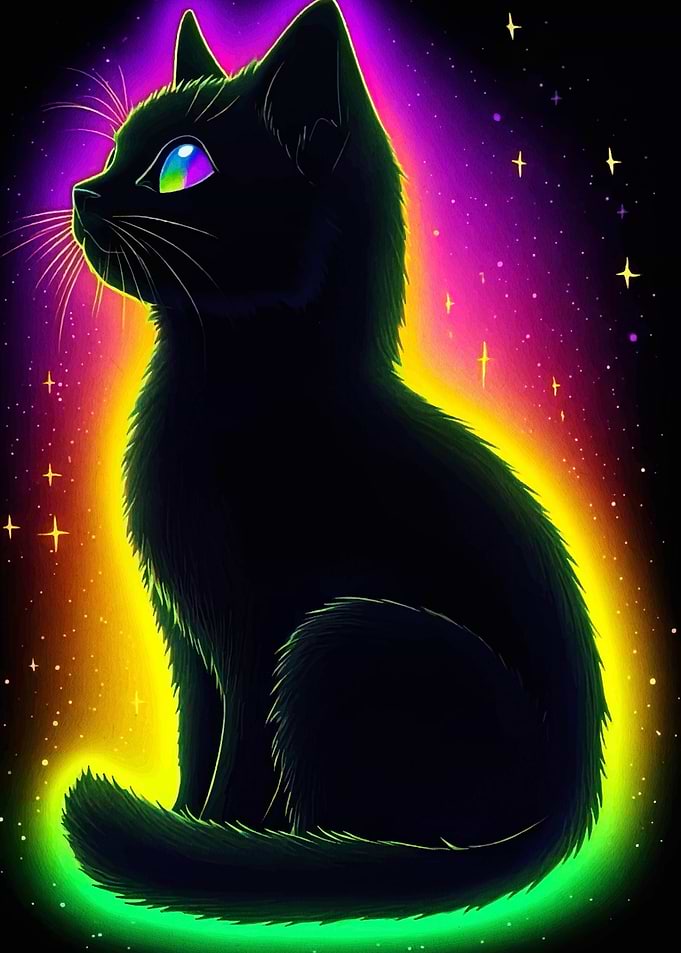 Neon Black Cat with Rainbow Eye