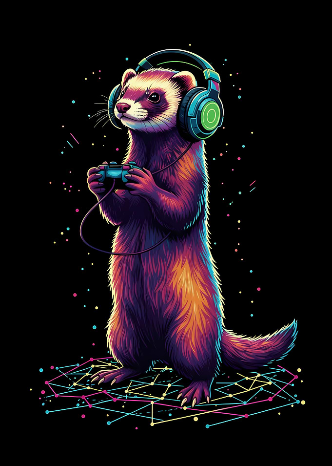 Gamer Ferret with Headphones and Controller