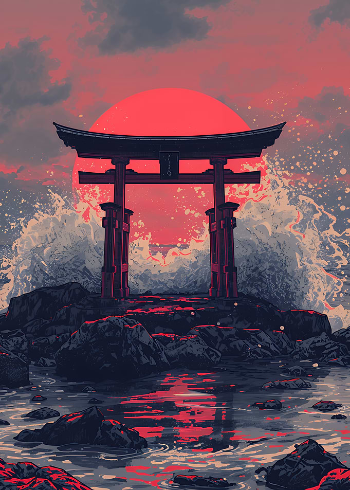 Japanese Torii Gate with Red Sun