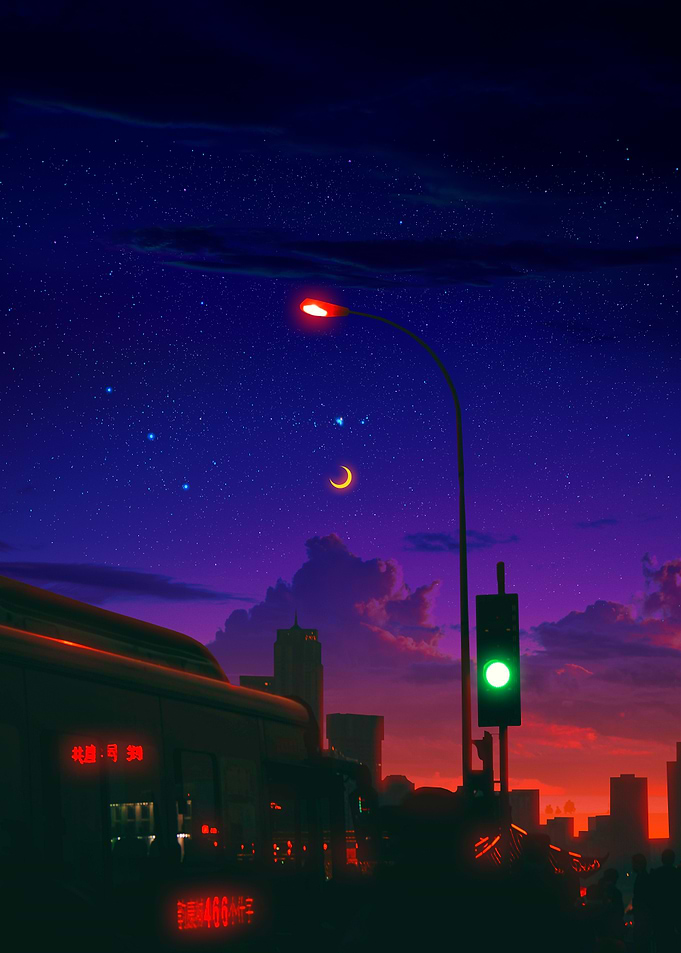 Night Cityscape with Bus and Stars