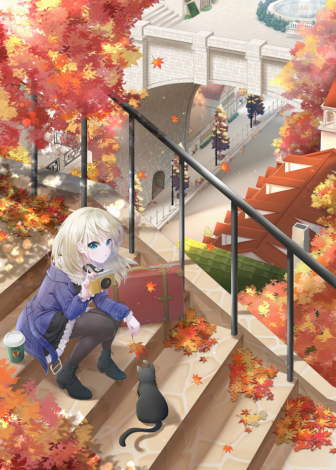 Anime Girl with Cat in Autumn Scene