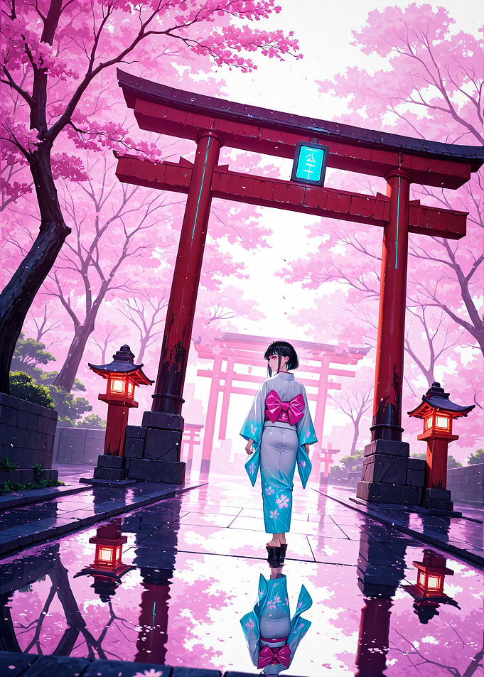 Anime Girl in Kimono at Torii Gate Cherry Blossom Sakura