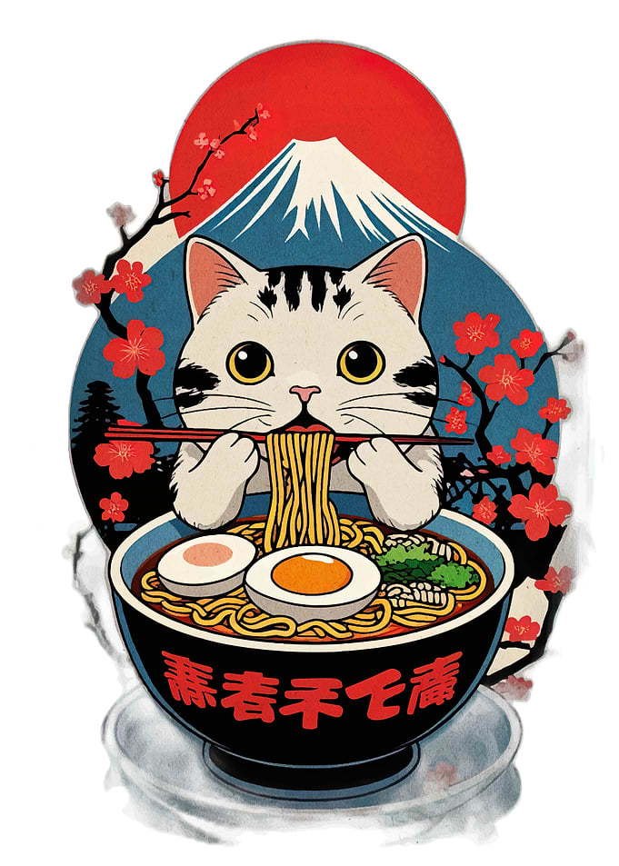 Cat eating ramen with Mount Fuji