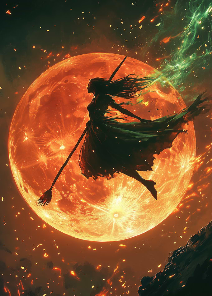 Silhouette Witch Flying Before a Fiery Moon