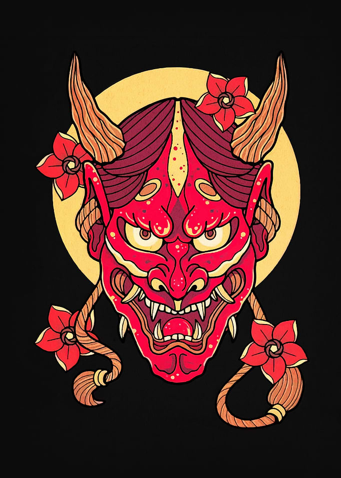 Hannya Mask with Flowers Illustration