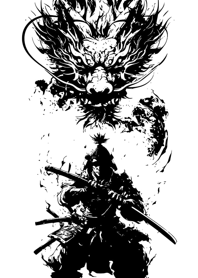 Samurai and Dragon Black and White Art