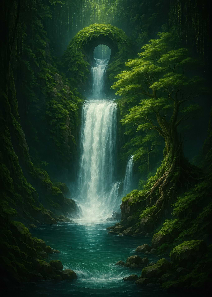 Lush Waterfall in Green Forest