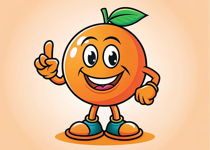 Happy Orange Fruit Mascot — Cute Cartoon Citrus Character with Leaf
