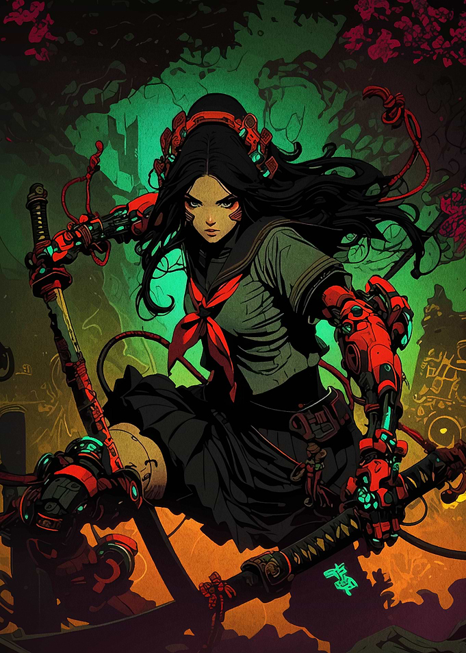Cyberpunk Samurai Girl with Swords