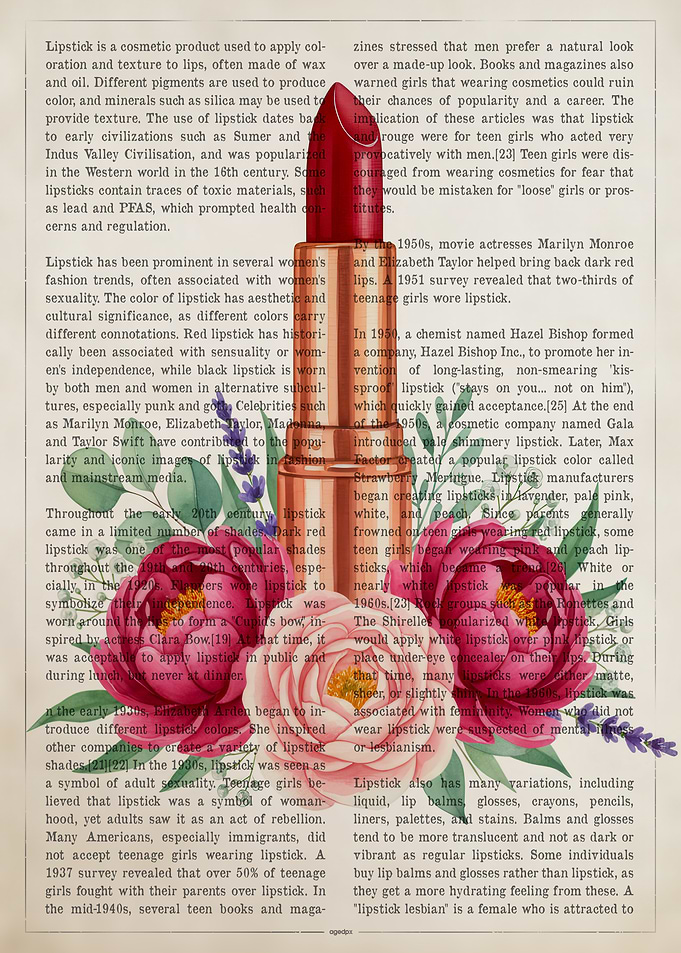 Lipstick and Flowers on Text Background