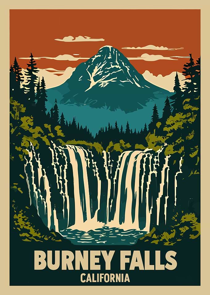 Burney Falls California Vintage Travel Poster