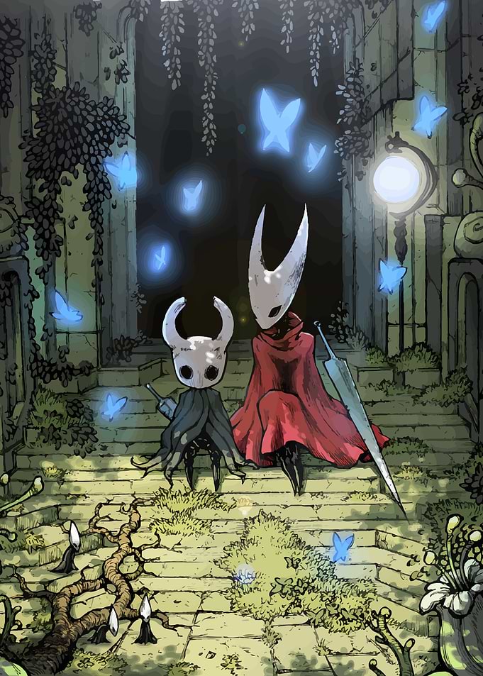 Hollow Knight characters in overgrown ruins