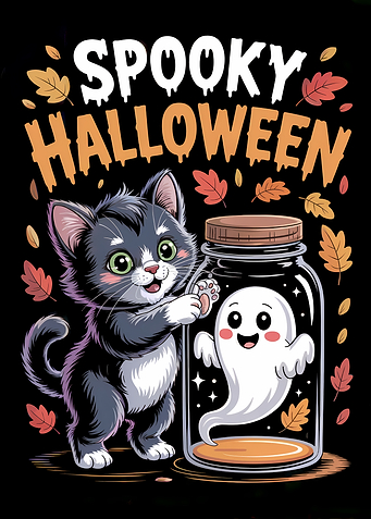 Spooky Halloween Cat and Ghost Illustration