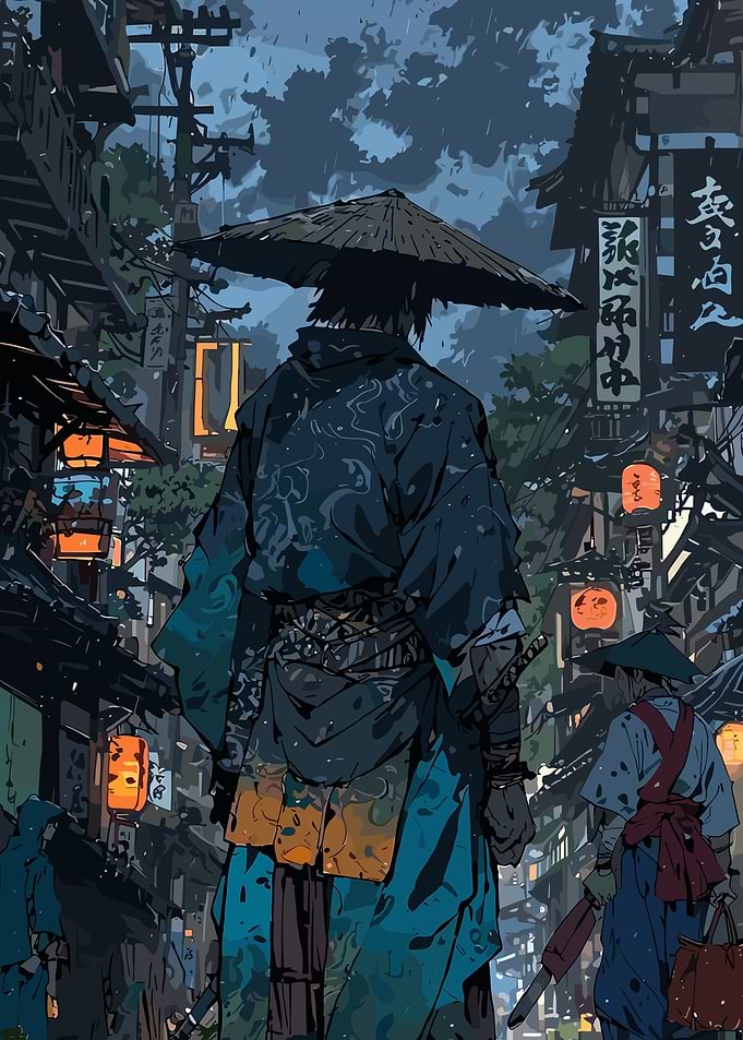 Rainy Japanese Street with Samurai