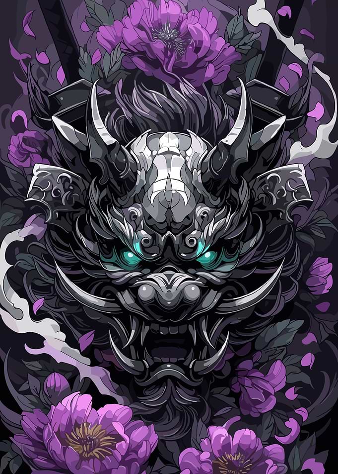 Samurai Mask with Purple Flowers