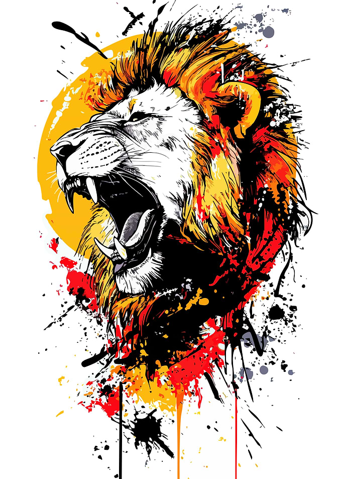 Roaring Lion Head with Paint Splatters