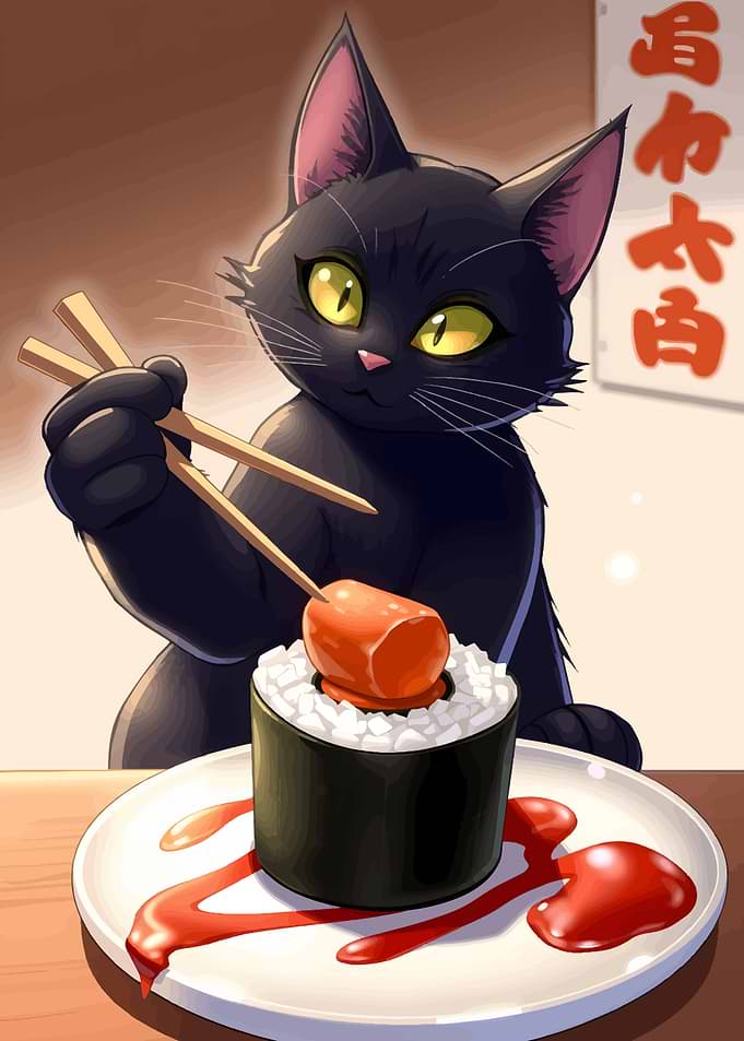Black cat eating sushi with chopsticks