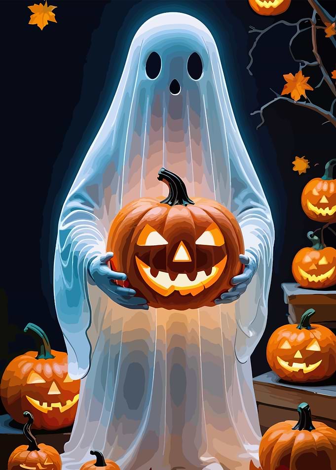 Halloween Ghost Holding Jack-o'-Lantern