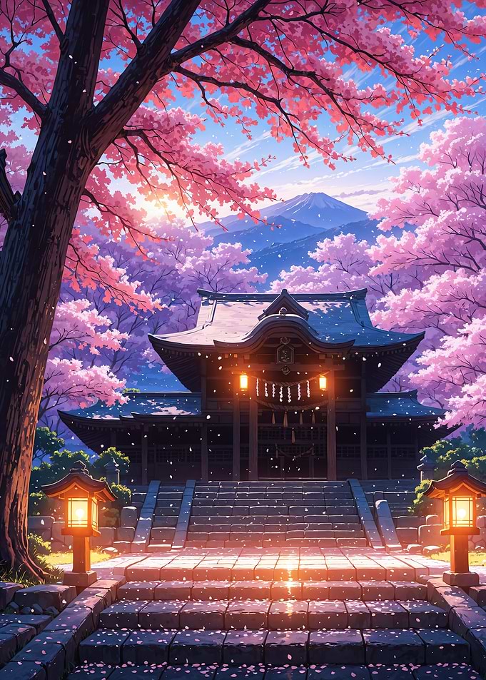 Japanese Temple with Cherry Blossom Sakura Tree