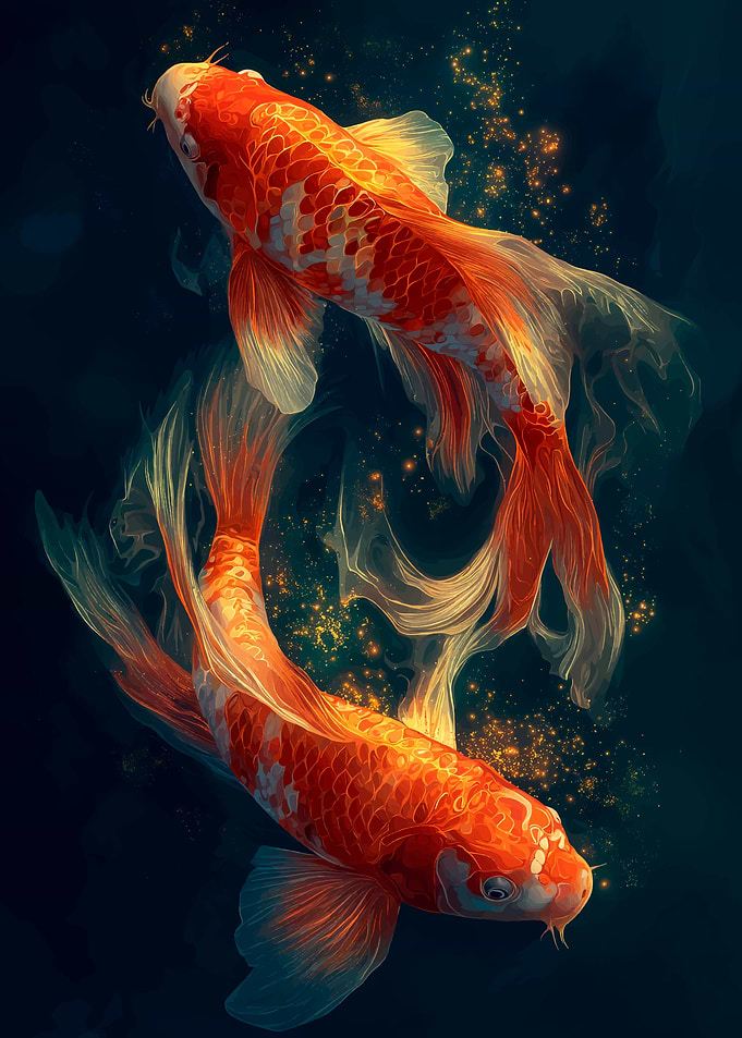 Two Koi Fish Swimming in Dark Water