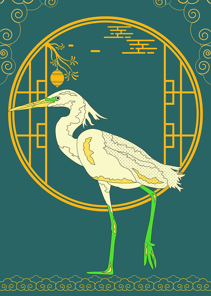 Elegant Heron Illustration with Asian Elements