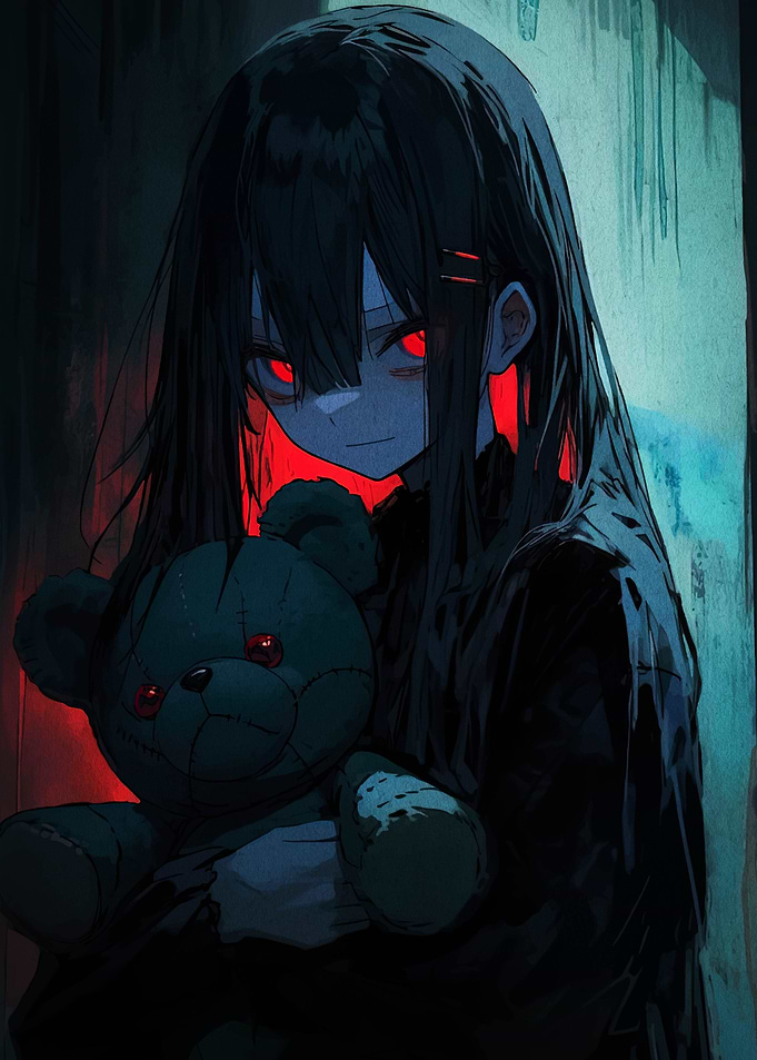 Creepy Anime Girl with Teddy Bear