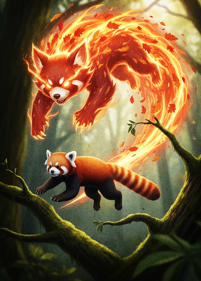 Fiery Red Panda Forest Fantasy
