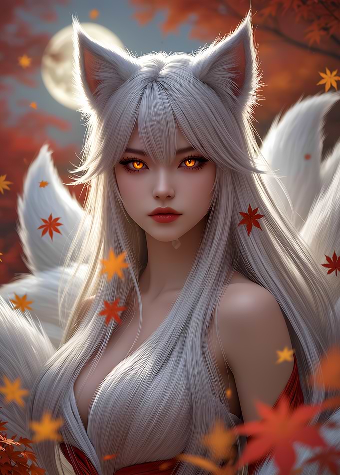 Moonlit Kitsune with Silver Hair and Autumn Leaves
