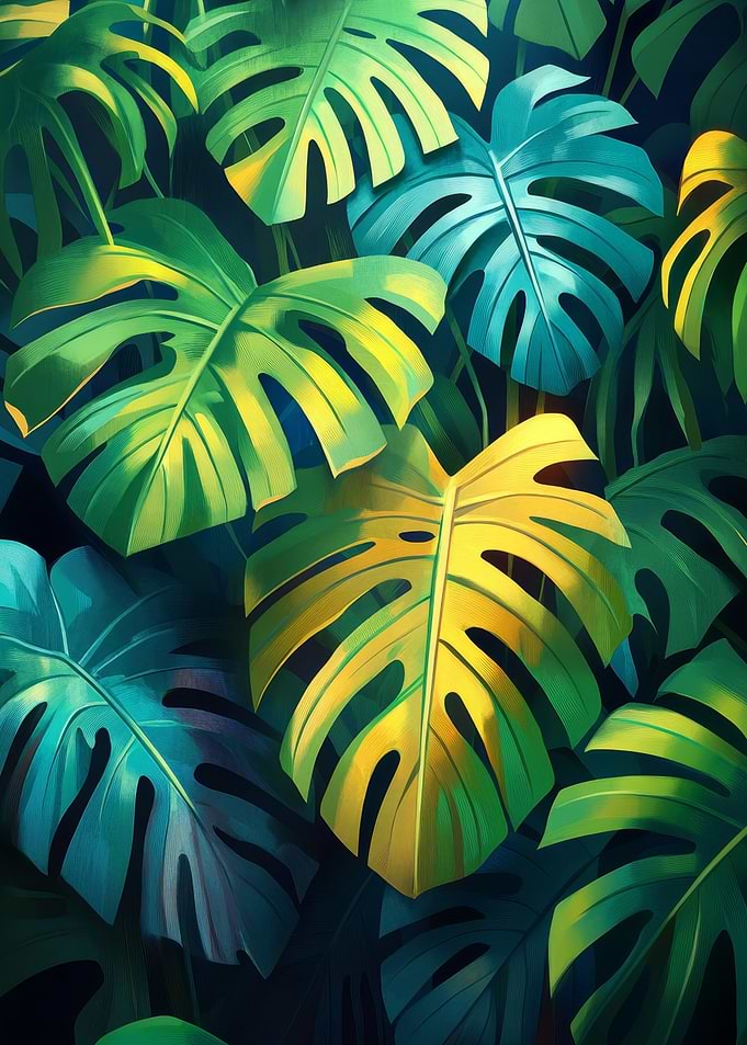 Monstera Leaf Pattern in Green and Teal | neon green monstera print