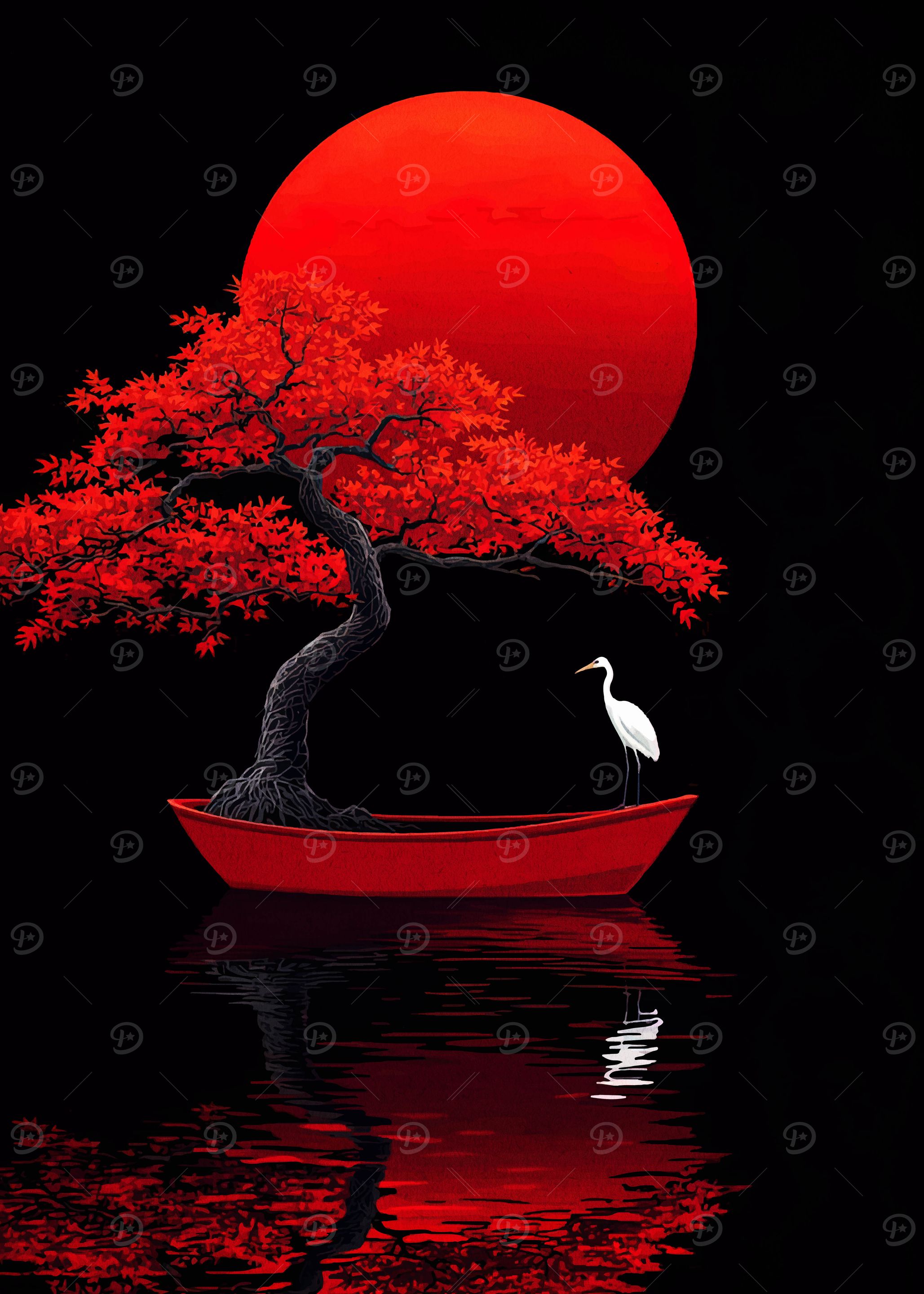 Red Bonsai Tree in Boat with Heron
