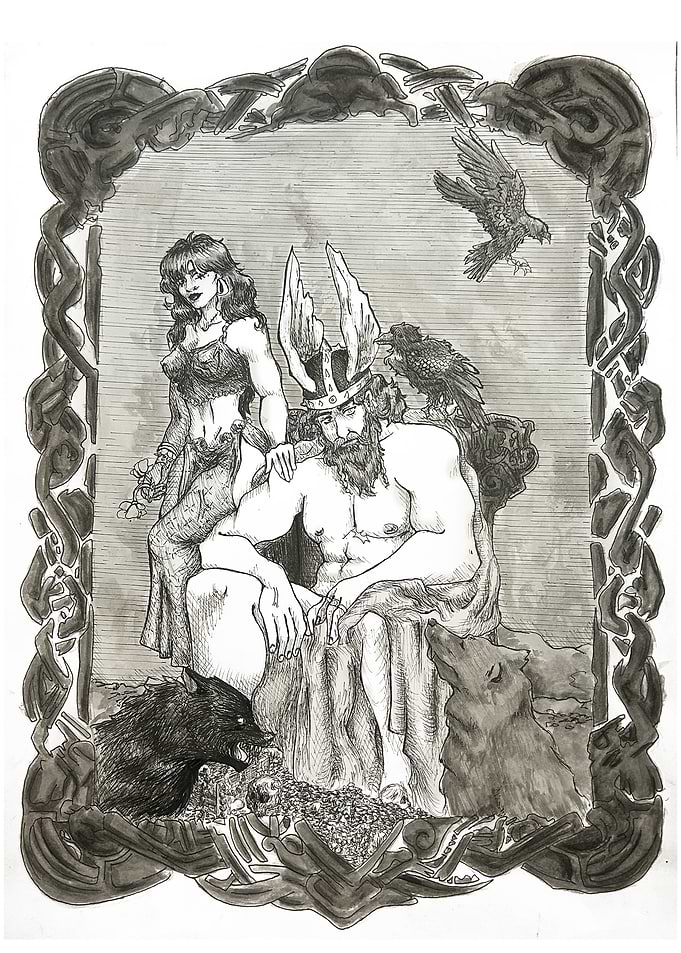 Odin with Frigg and Wolves