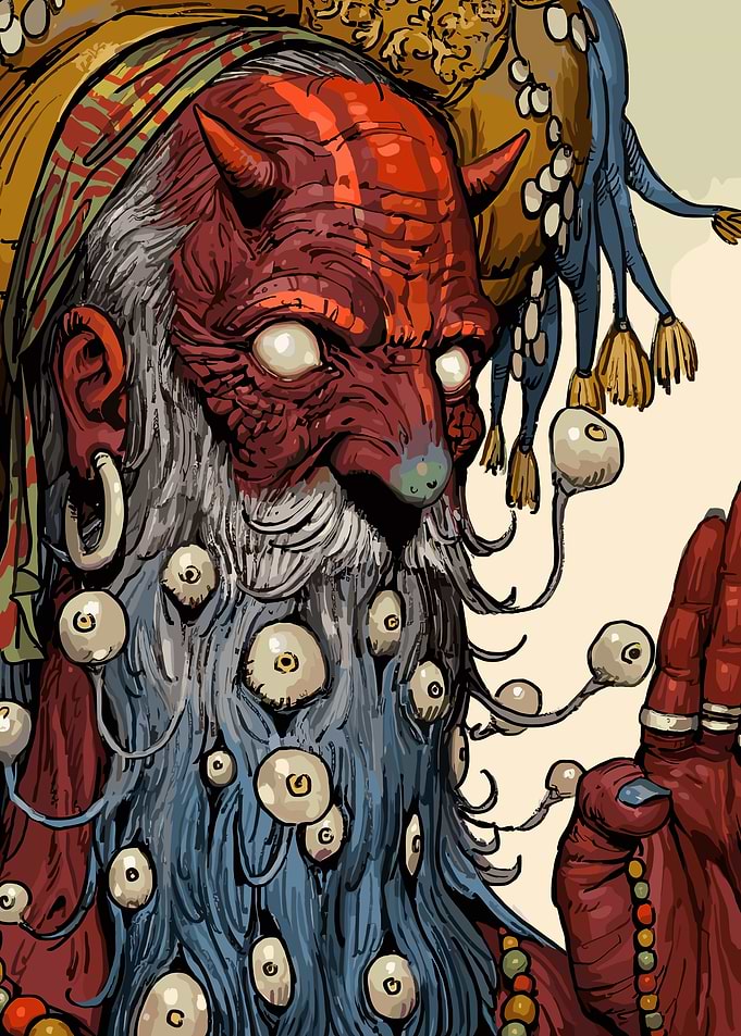 Red-skinned Demon with Eye Beard Illustration