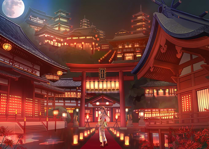 Japanese Temple at Night with Figure