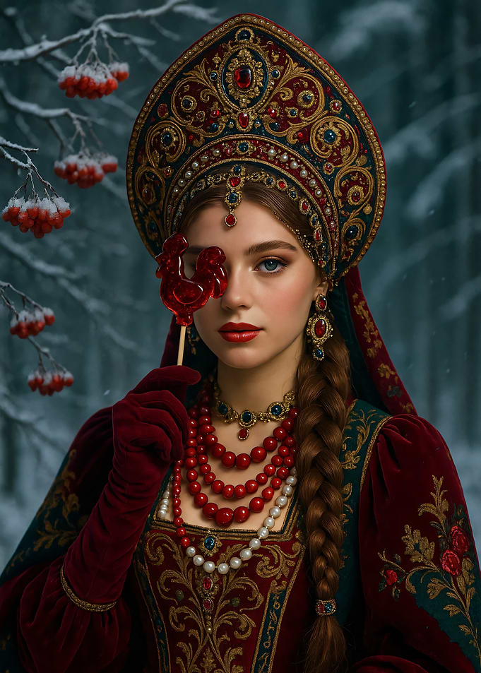 Woman in Russian Dress with Lollipop