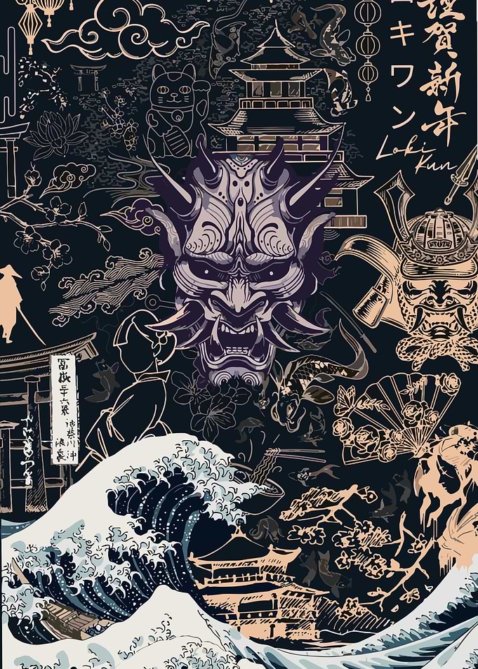 Japanese Art Collage with Oni Mask