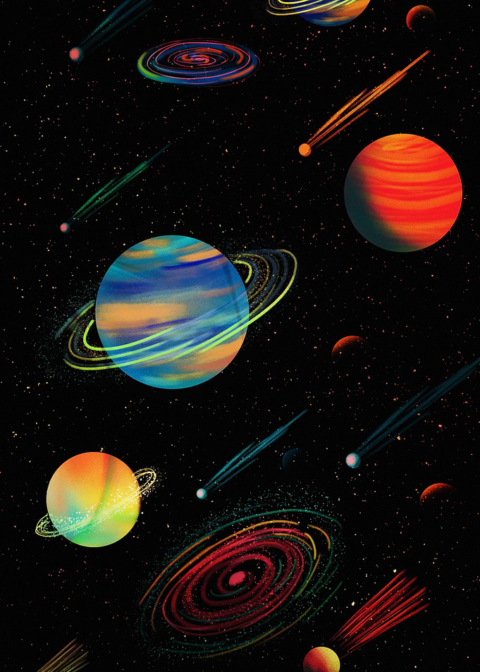 Colorful Planets and Comets in Space