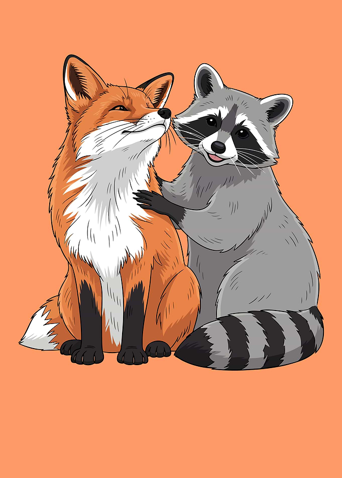 Fox and Raccoon Cartoon Illustration