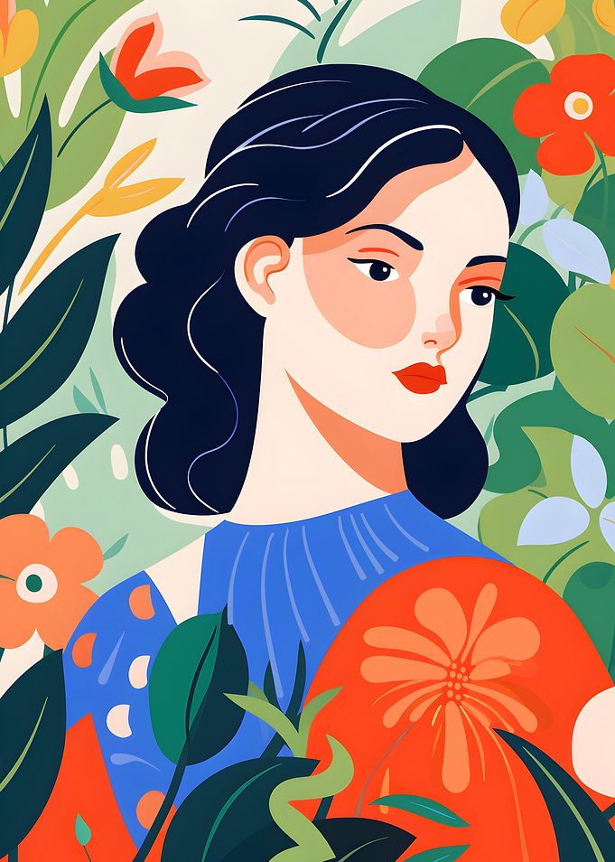 Woman in Floral Garden Illustration