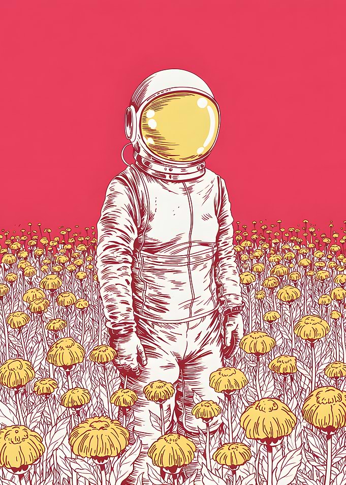Astronaut in a field of flowers
