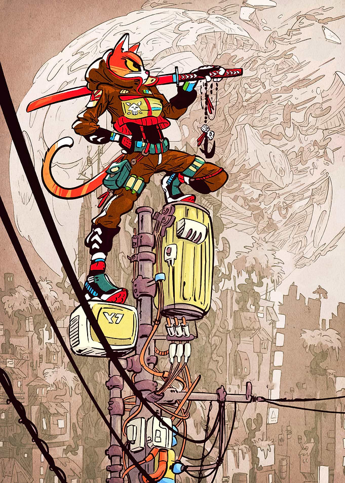 Anthropomorphic Cat Samurai on Power Pole