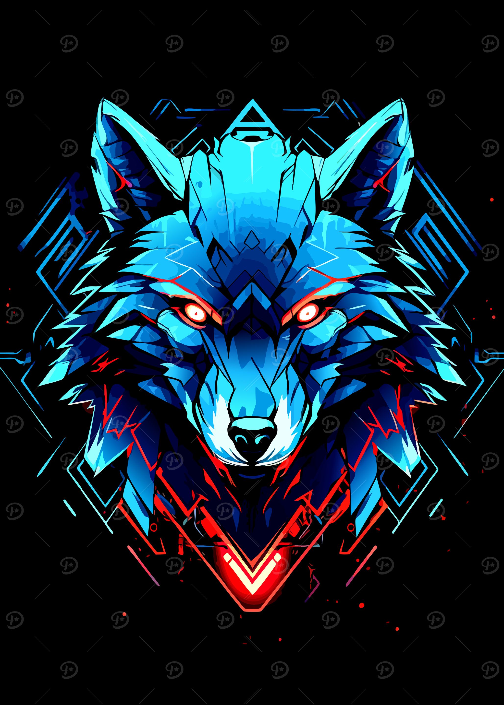 Cyberpunk Wolf Portrait with Geometric Design