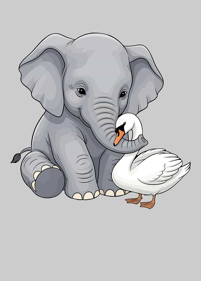 Elephant and Swan Cartoon Illustration
