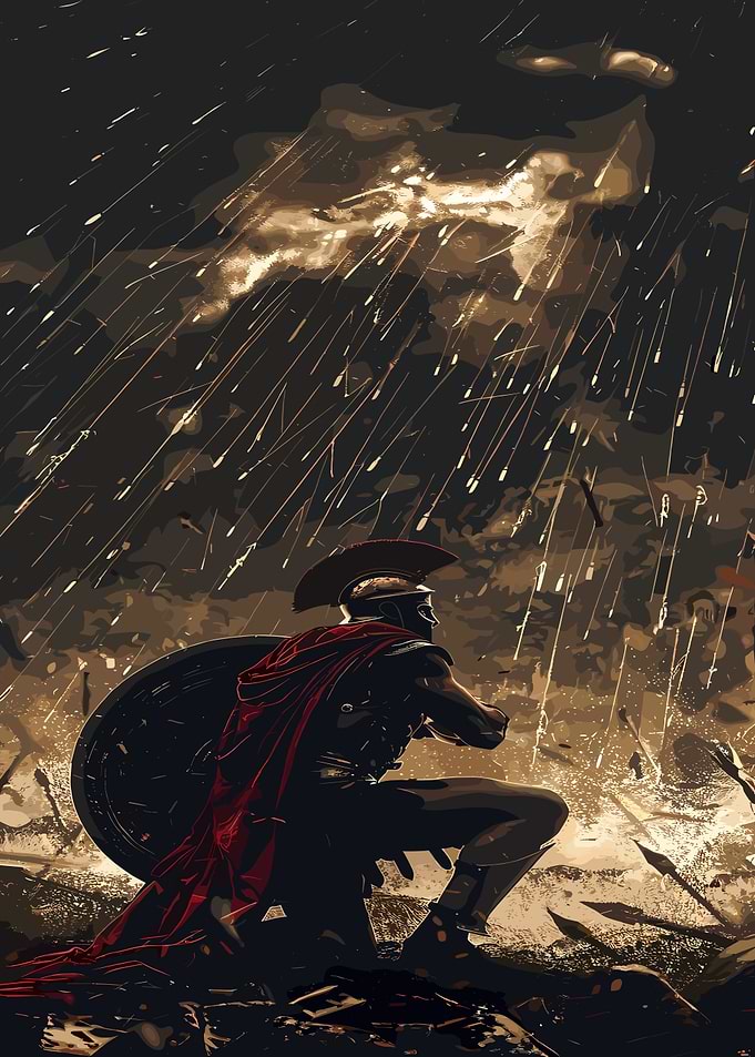 Spartan Warrior Under Arrow Fire