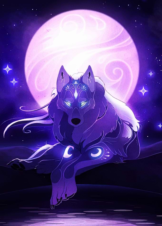 Mystical Wolf Under a Purple Moon